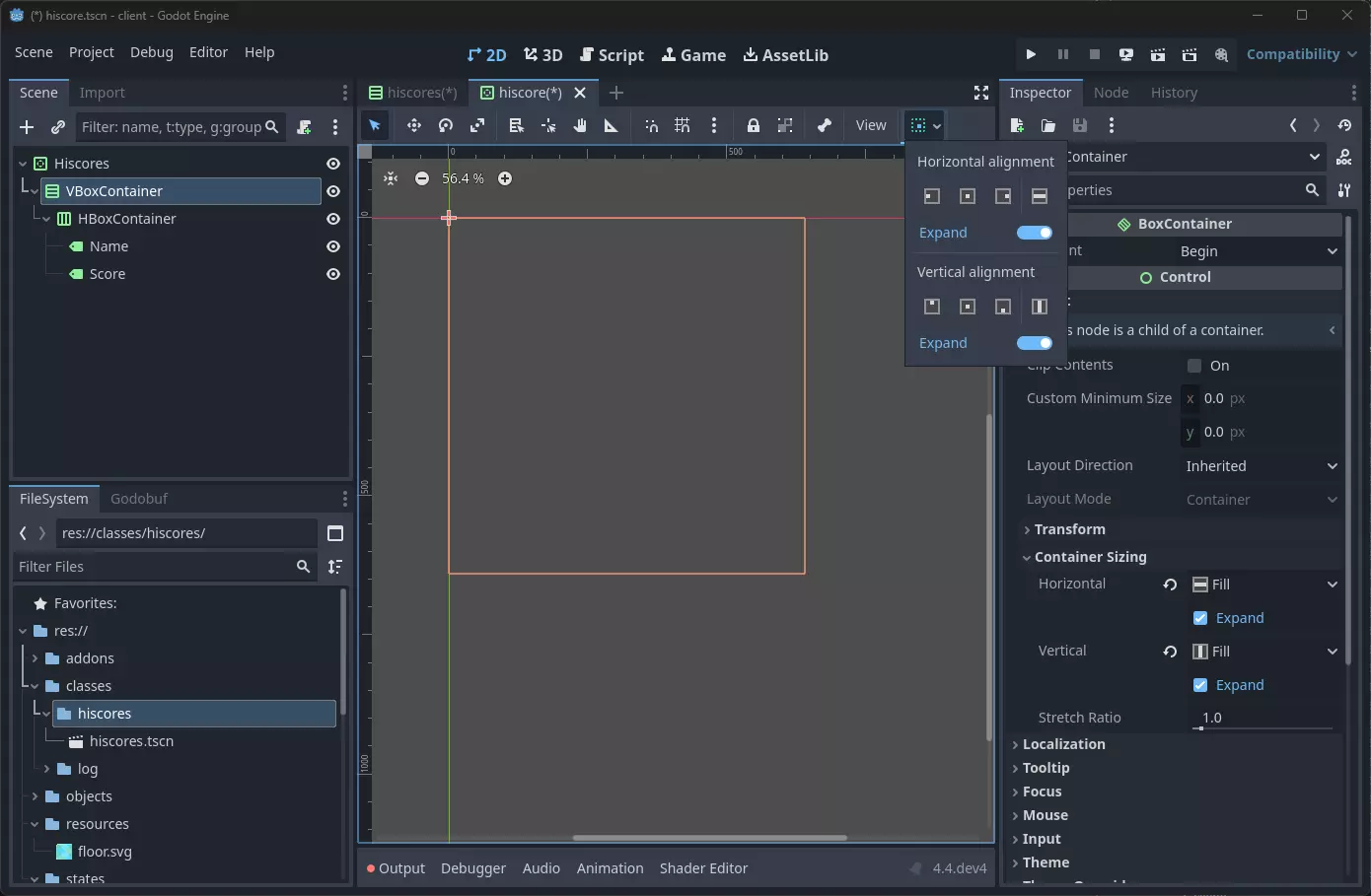 VBoxContainer sizing settings