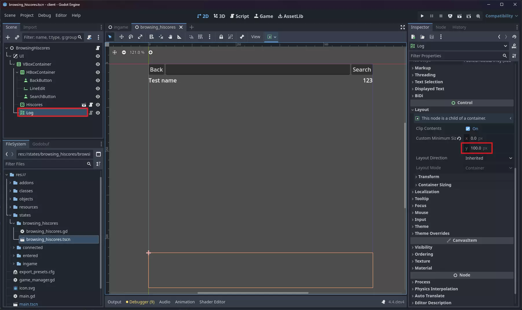 Hiscores scene tree with log node