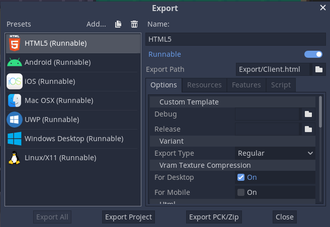 Godot's extensive export options