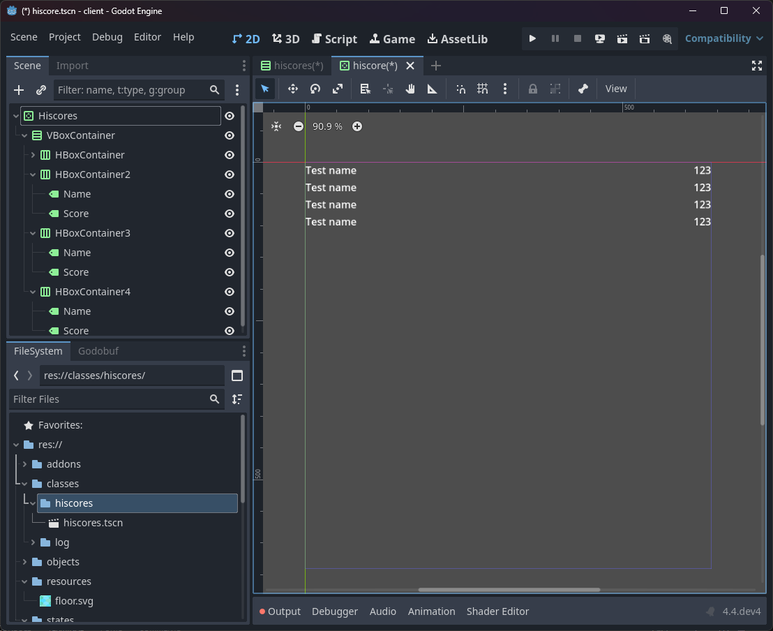 Hiscores scene with dummy data