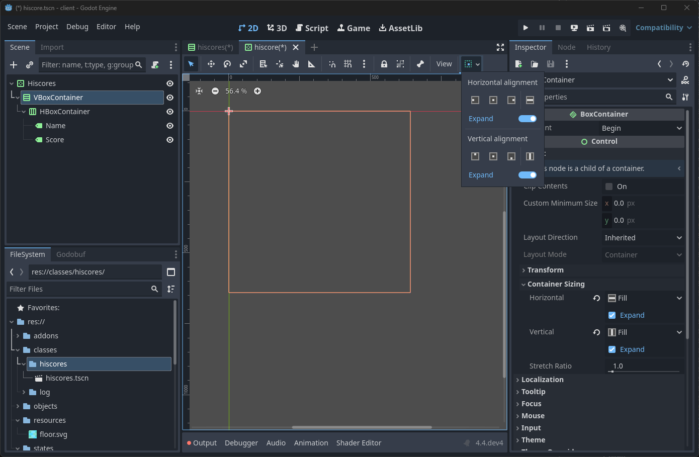 VBoxContainer sizing settings